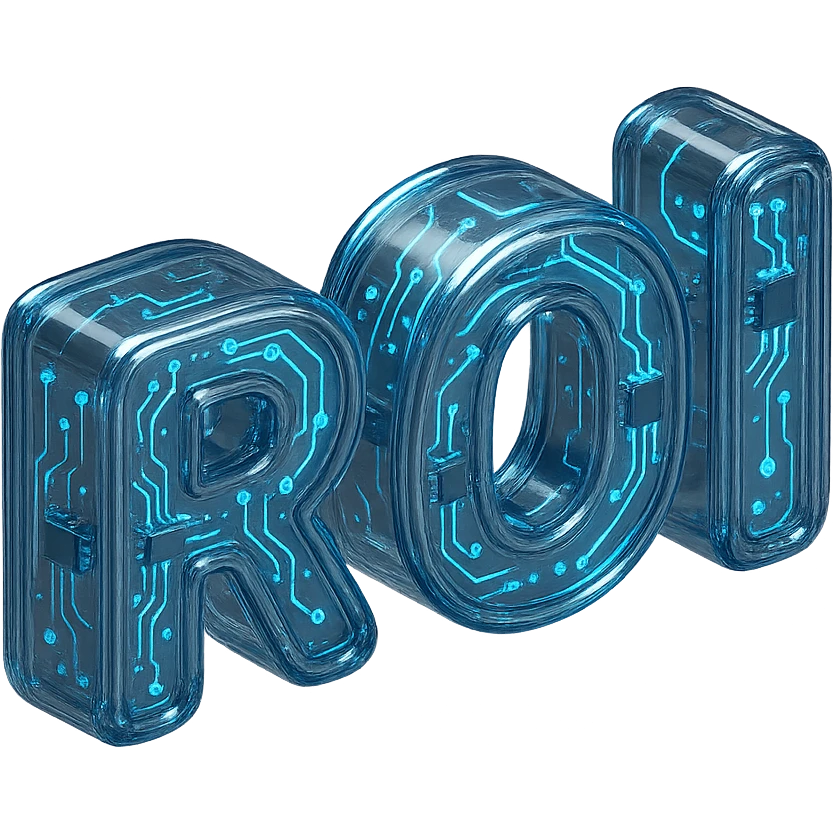 Glossy circuit-themed 'ROI' text, blue glowing accents emoji