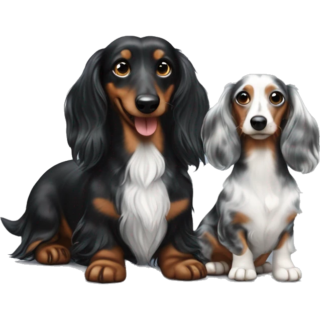 Long-haired black merle dachshund with little one  emoji