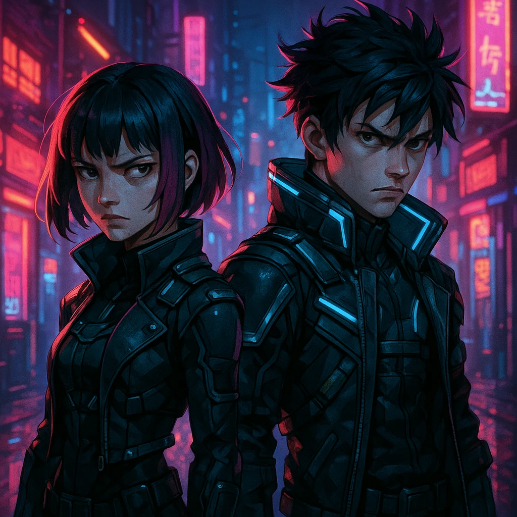 Maretu and Xydrick in a cyberpunk setting, neon lights, futuristic outfits, intense expressions emoji