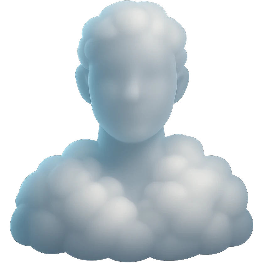 person made entirely of white clouds, shoulder up, front view, matte glass style emoji