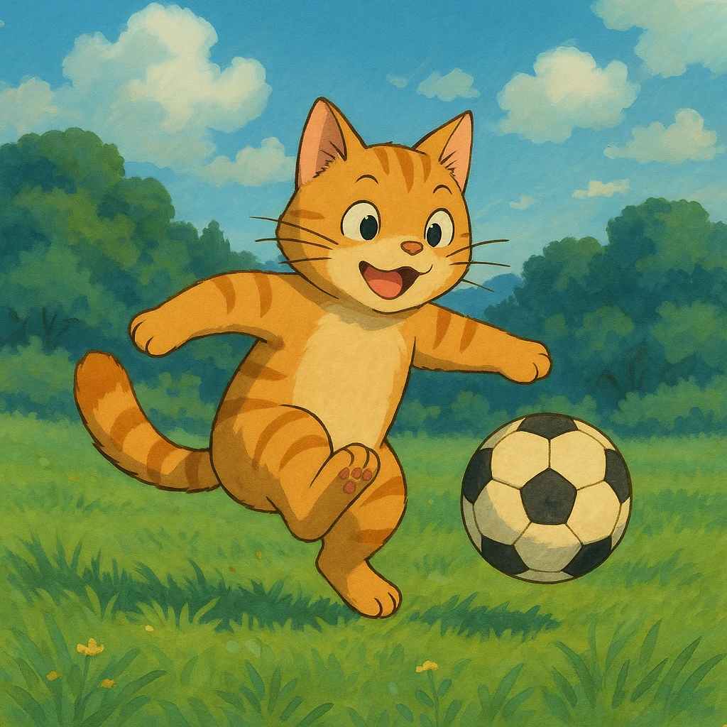 cat playing soccer, ghibli inspired style emoji