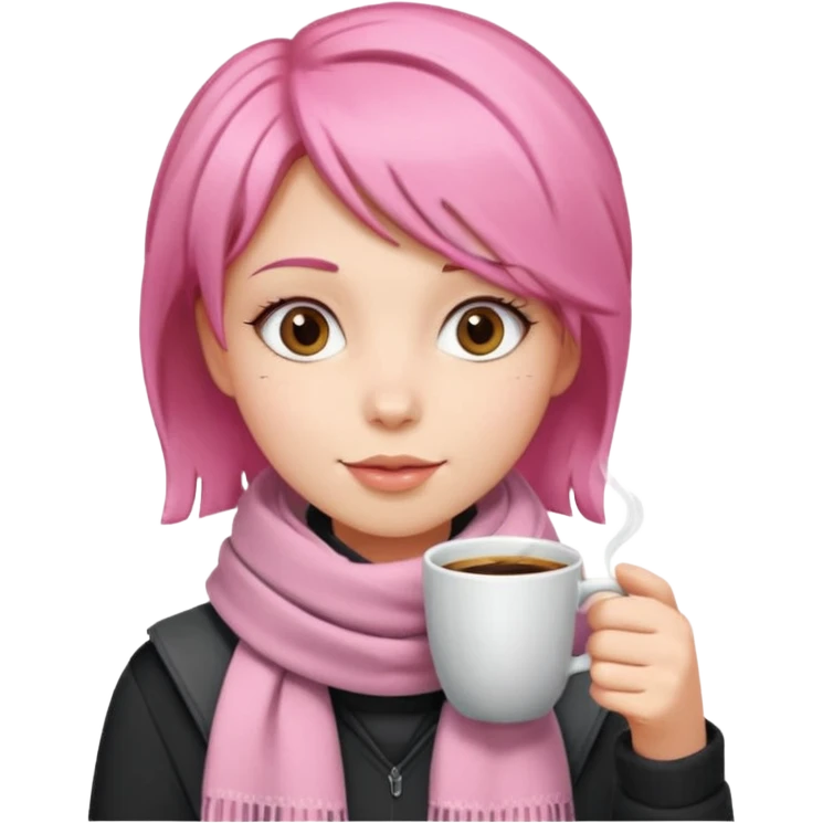 a girl with pink short layer hair, having scarf,  drink coffee, enjoy emoji