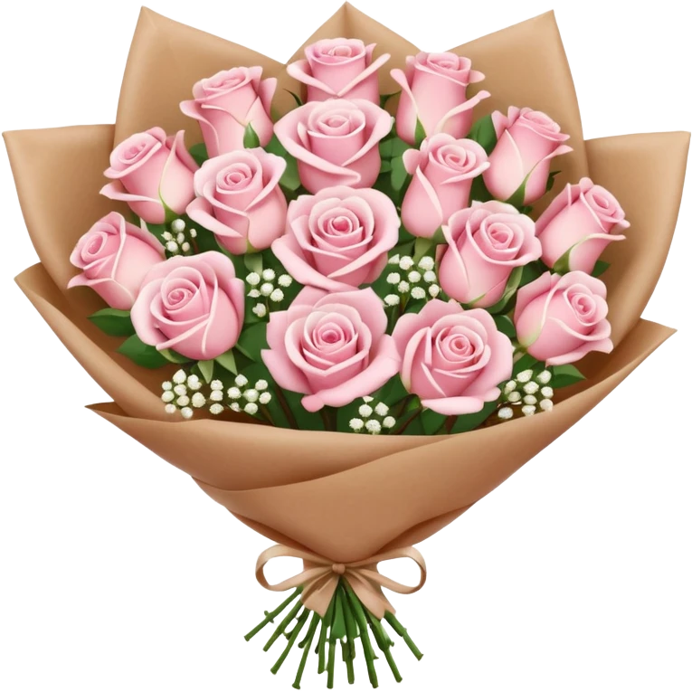 A brown paper-wrapped bouquet of pink and white fresh roses and baby’s breath emoji