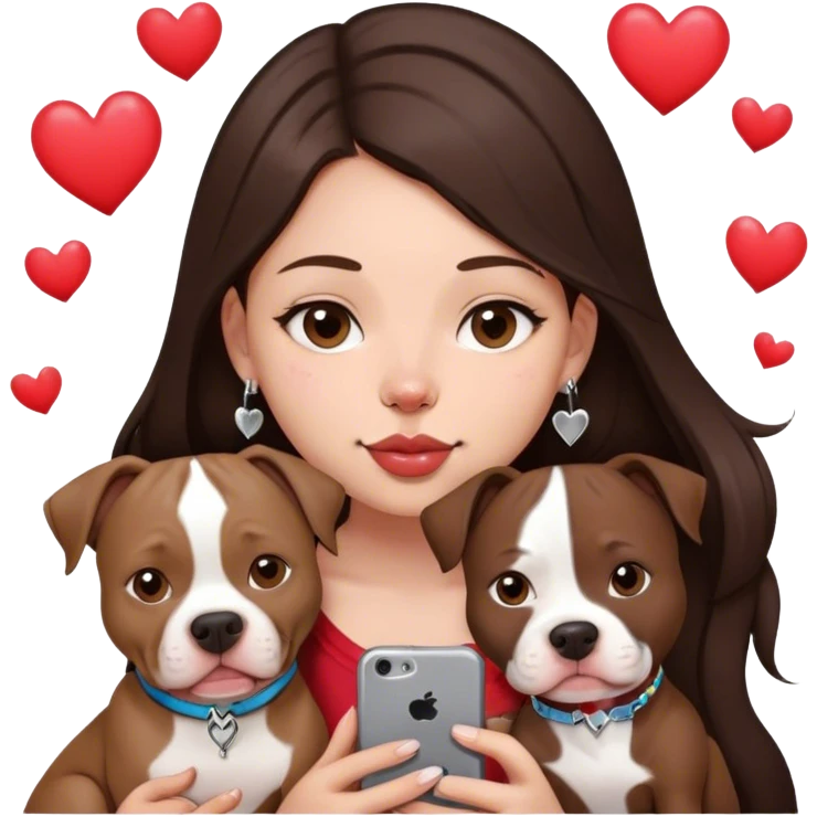 Young girl was long, dark brown hair sits with her dog who is a pretty girl pitbull with her cell phone in her hand in a small septum ring in her nose was hearts flying all around her emoji
