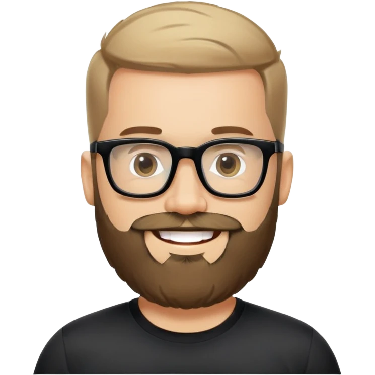 Light-skinned man with full beard, short hair brushed upward, big black glasses frames, happy smile, black sports shirt emoji