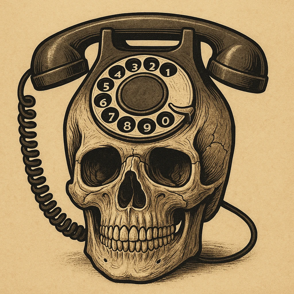 a skull with a classic rotary telephone as part of its design emoji