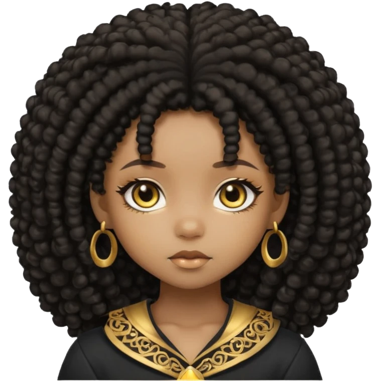 Create the same black chibi girl with long afro hair and beautiful gold eyes 20 times with different expression emoji