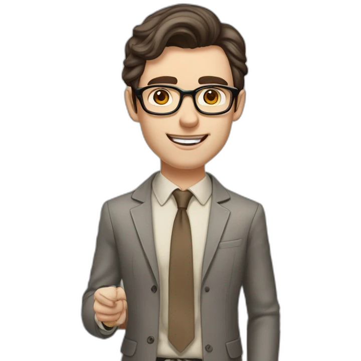 Pale skinned fit man with dark brown hair in gray jacket, beige office shirt, brown tie, brown pants and vintage glasses Writing on the flipchart emoji