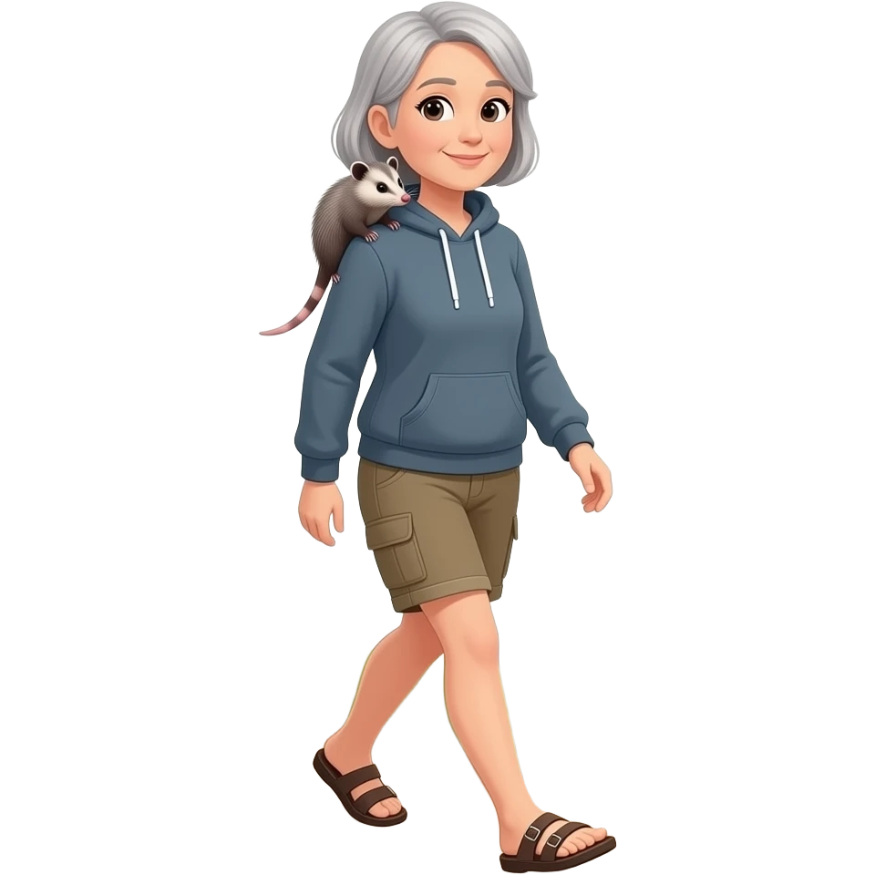 58 year old woman, shoulder length hair with narrow streaks of silver, wearing a pullover hoodie, past the knee capri cargo shorts, wearing birkenstocks with no socks, with a cute opossum on her shoulder, walking on a hiking trail emoji