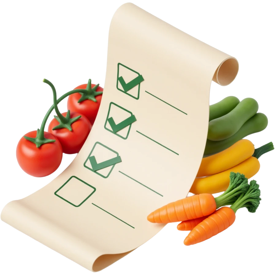 floating rolled paper list with green checkboxes and around vegetables emoji