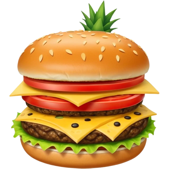 Generar hamburguesa con una sola carne, de pan color café con semillas hemp encima del pan, con carne, tomate, lechuga, queso, piña dentro de ella emoji