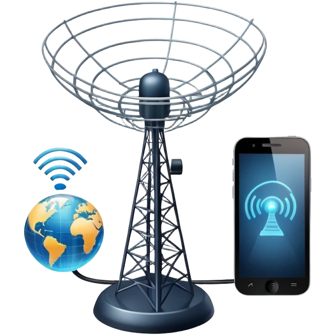 An icon featuring a satellite dish, a cell tower emitting signals, and a smartphone displaying a chat interface. The design includes fiber-optic cables and data waves, symbolizing global communication, connectivity, and information exchange. Transparent background. emoji