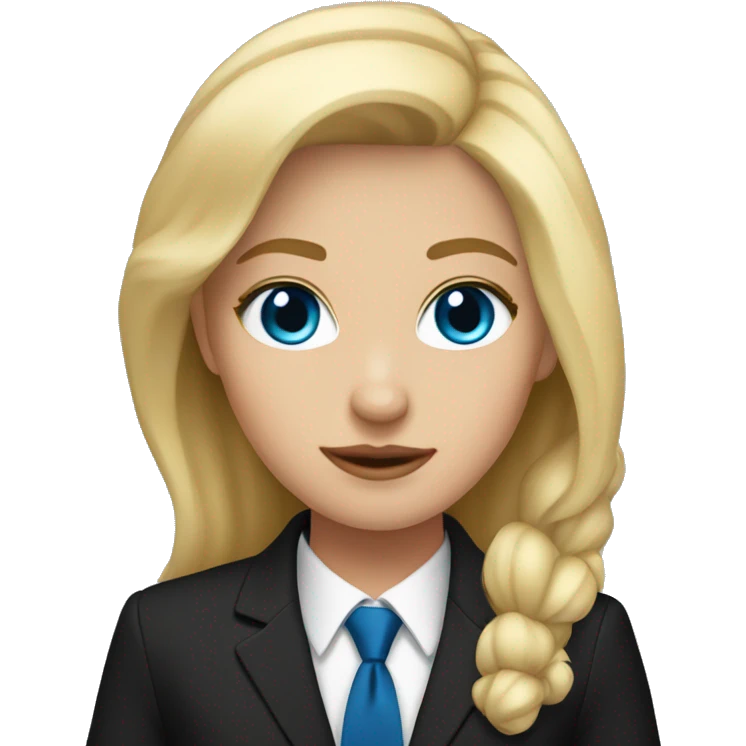 blonde girl with blue eyes in a full black suit emoji