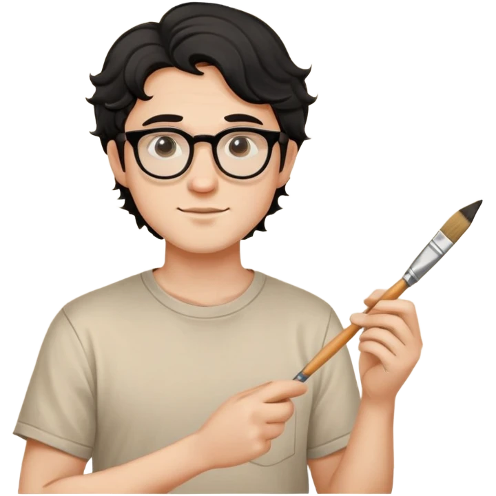 Young caucasian man with black wavy hair, round glasses, beige painting shirt, holding a square paintbrush emoji