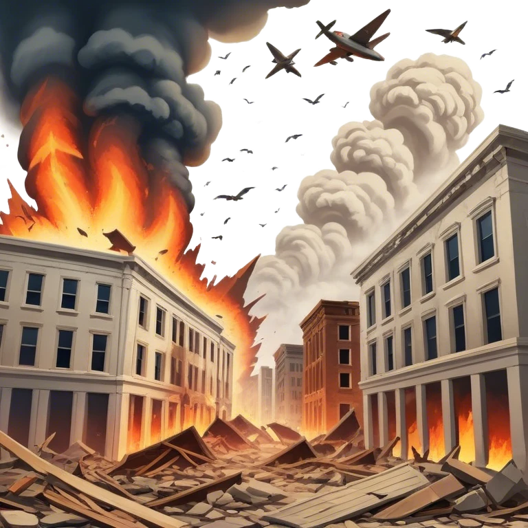 A vintage movie poster-style design with a dramatic scene of a natural disaster like an earthquake, tornado. Include crumbling buildings, flying debris and fiery explosions. The background should be chaotic, with a cinematic, apocalyptic vibe. Transparent background. emoji
