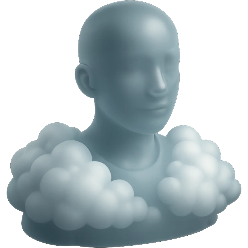 person looking straight ahead, shoulders filled with puffy white fluffy clouds, matte glass style emoji