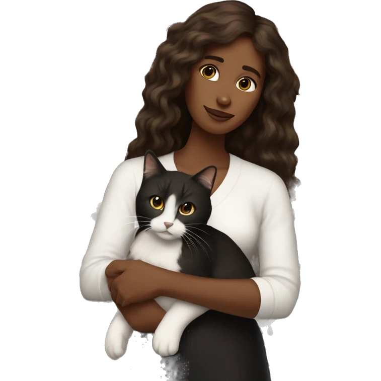 long wavy haired brown skin woman holding black and white cat emoji