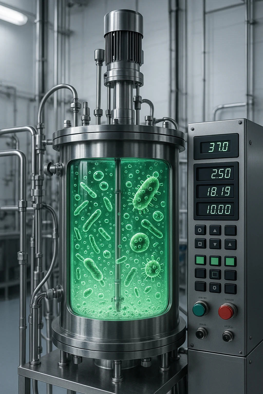 a big biofermentor with transparent section showing bubbling liquid and microbes inside, modern equipment emoji