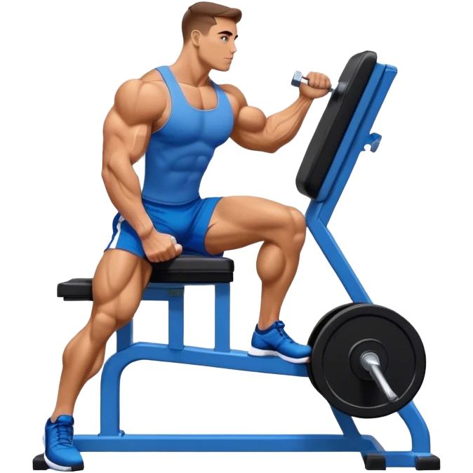 side-view bodybuilder in blue shorts seated weighted calf-raise machine on his tip toes emoji