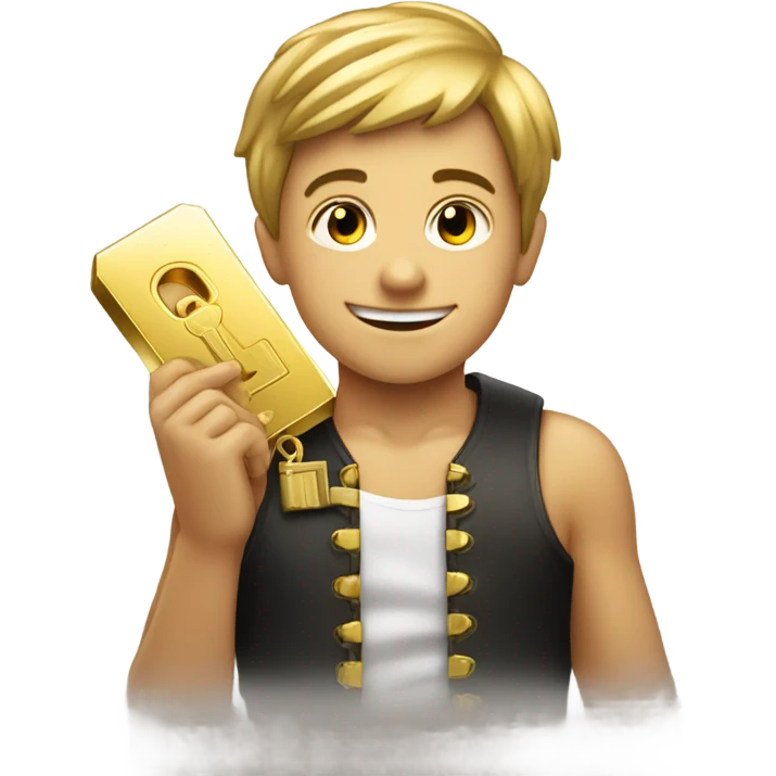 Smirking boy with lock in one hand and gold bar in the other emoji