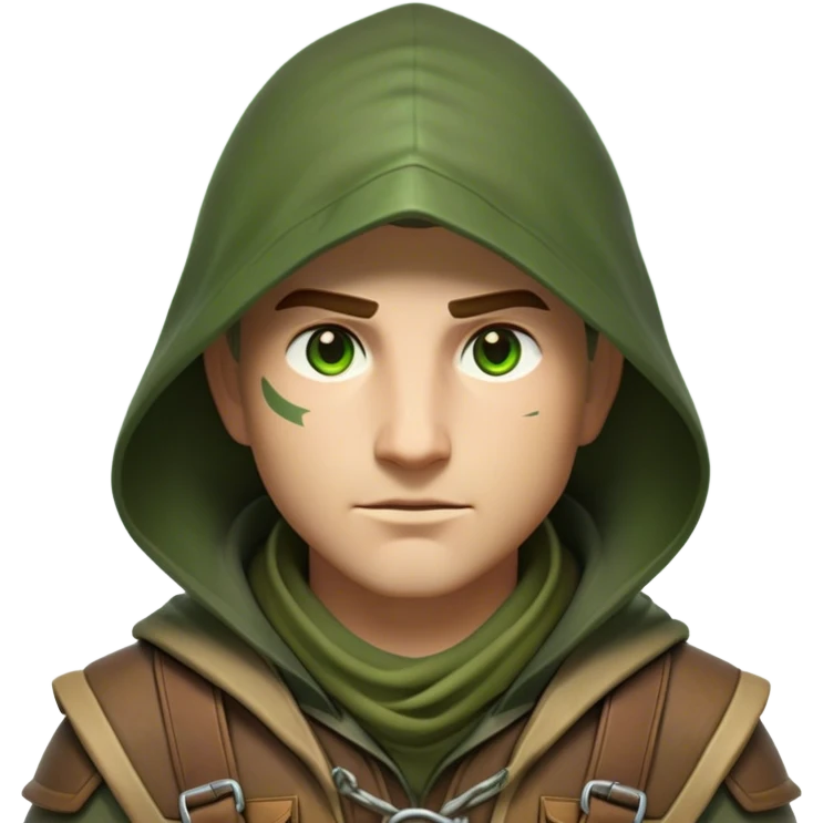 Clash of Clans aesthetic friendly Ranger Portrait Emoji, With a lean, agile build clad in earth-toned leather and green accents, a keen, focused gaze and a weathered hood shadowing determined eyes, his face rendered in a natural skin tone (not yellow), Simplified yet sharply defined features, highly detailed, glowing with a soft, natural woodland radiance, high shine, intelligent and resolute, stylized with an air of forest guardian authority, focused and alert, soft glowing outline, capturing the essence of a confident ranger ready to defend the wild with stealth and valor! emoji