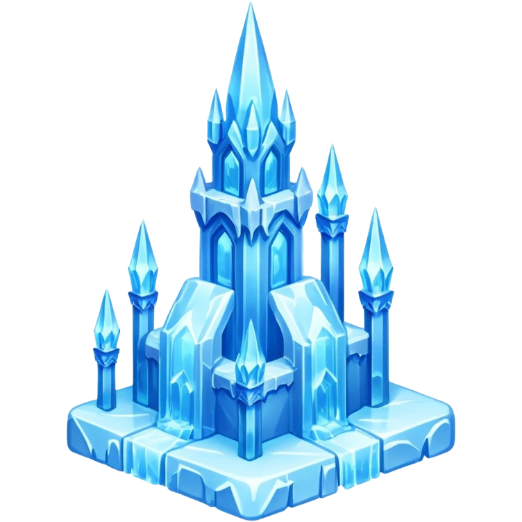 ice palace object icon, crystal ice palace, tall icy towers, transparent blue ice walls, sparkling details, soft glow, 3D cartoon, mobile game icon style, centered, clean background, soft shadow, no text, no watermark



 emoji