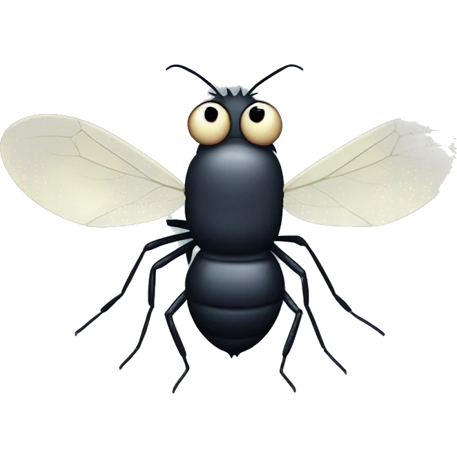 A midge (very tiny fly from scotland) looking like a vampire (with two protruding teeth), view from face/profile, looking like embarassed, looking cute emoji