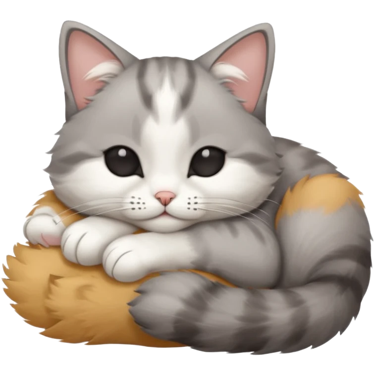 grey and white small cat with eyes closed lying down upside down with its head resting on its paw emoji