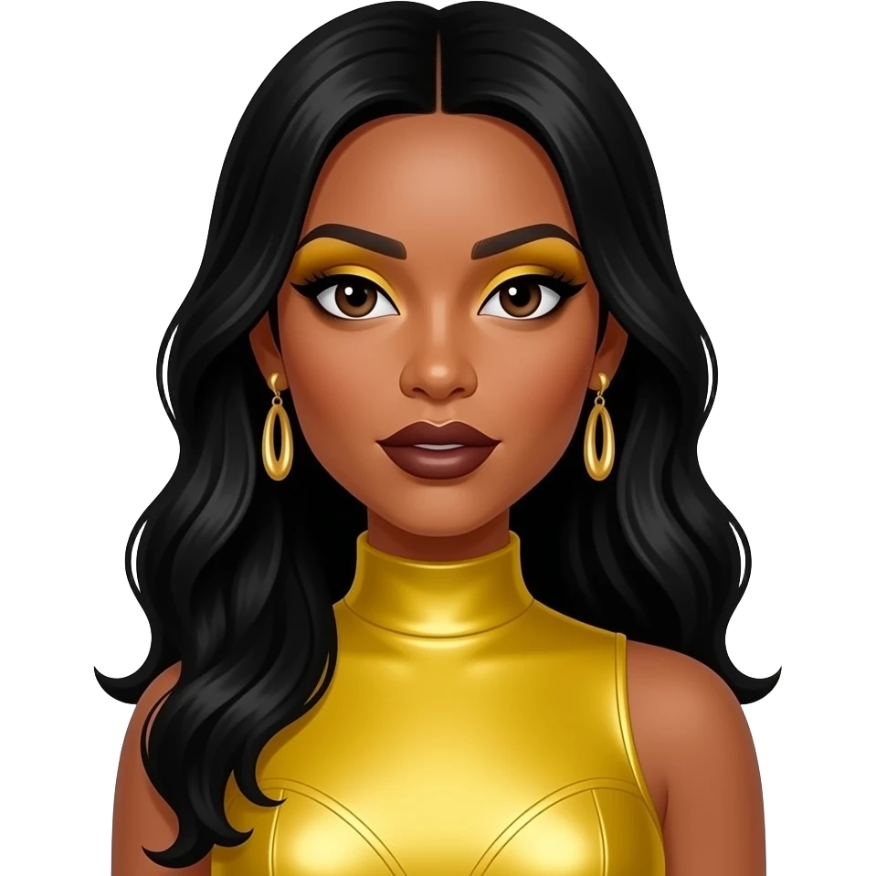 Rozonda Chilli Thomas from TLC with dark brown eyes, long black hair, yellow eyeshadow, dark brown lipstick, yellow metallic high neck dress, earrings emoji