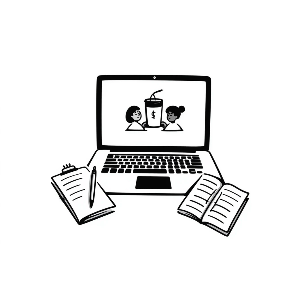 top view of a MacBook with a beauty salon logo on the screen, a notebook with one page filled with notes, and a pen laying on the notebook emoji