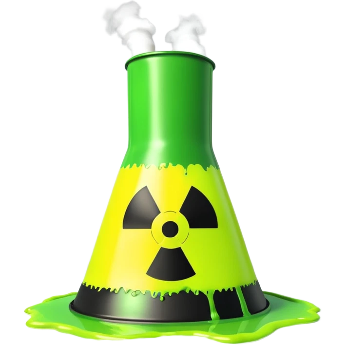 3D render of Nuclear Smokestack, toxic waste aesthetic, neon green bubbling liquid, caution yellow metal, industrial warning texture. emoji