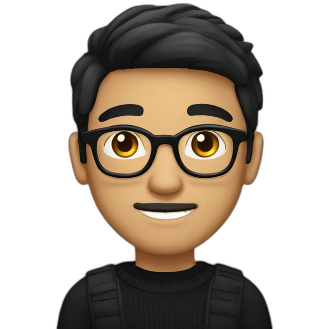 a light skin Pakistani teenager, wearing round glasses, short moustache, black straight hair, black jumper/sweater, structured manly face emoji