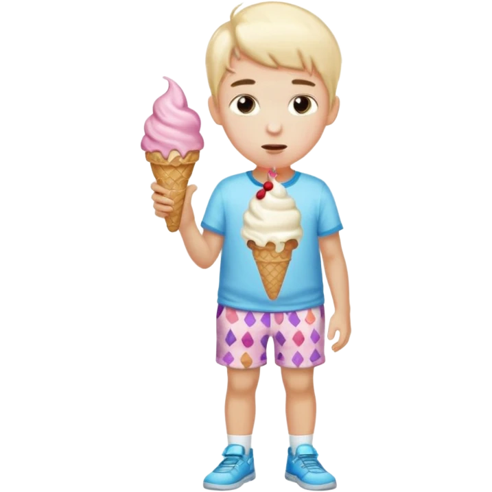Young boy wearing ice cream shorts saying 67 emoji