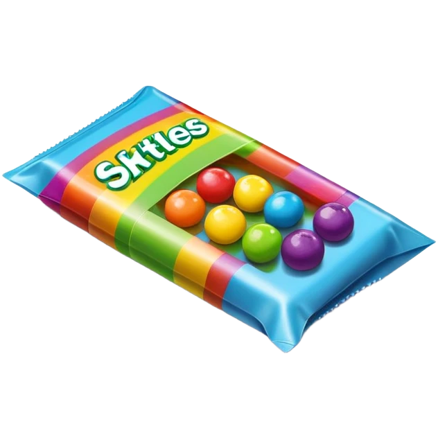 Ultra simplified Skittles package, just a small rectangular rainbow colored package with a few small green circle candies. Absolute minimal design with clean lines. emoji