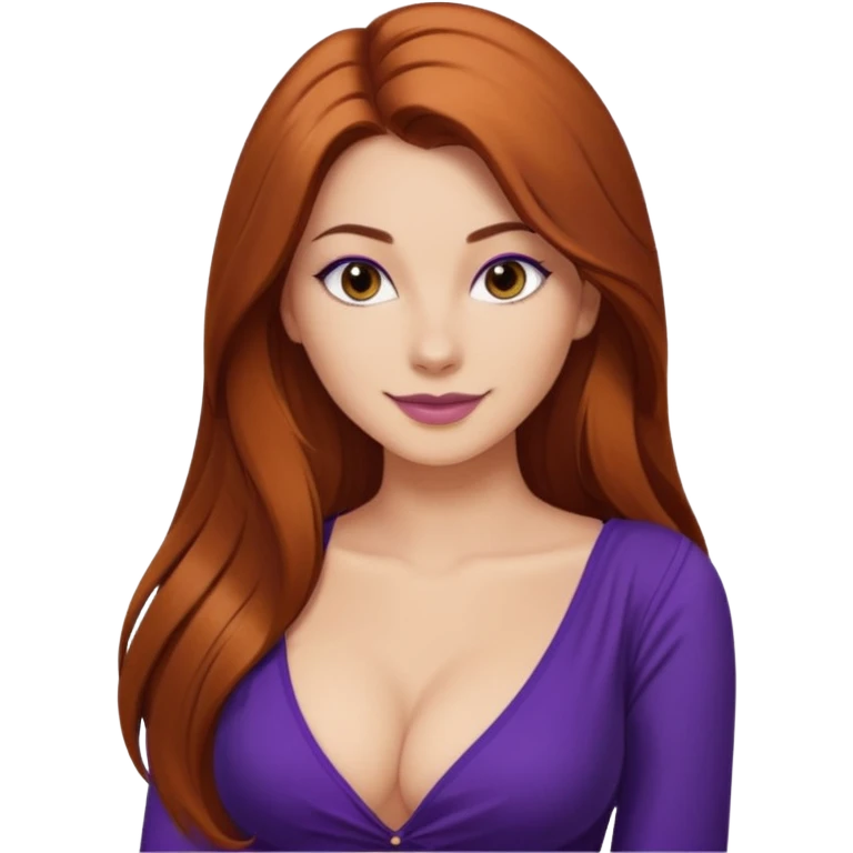 Gorgeous side smile girl with volume auburn extra long hair cleavage dark purple top  emoji