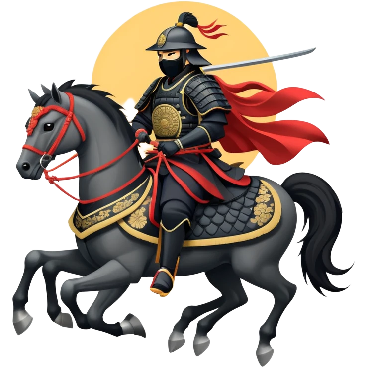 clash-of-clans-aesthetic_-cinematic-fearsome-and-majestic-samurai-bust-portrait-emoji, rendered in a flat, vector-style with minimal shading and bold, simplified shapes typical of emoji art, depicting a battle-hardened samurai with black mask and traditional black Japanese armor. The samurai is riding a noble grey warhorse adorned with an intricately designed saddle and fluttering banners and a rising sun. a samurai riding on a  horse emoji