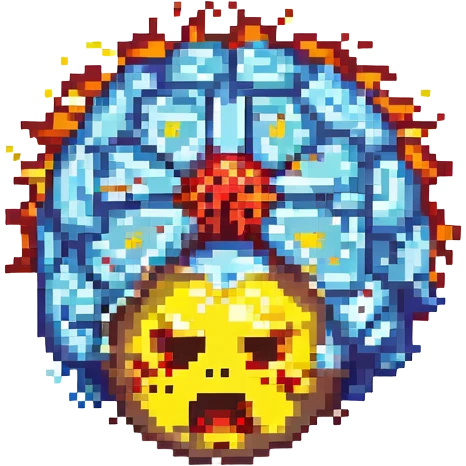 shocked emoji with an exploding brain, pixel art style emoji
