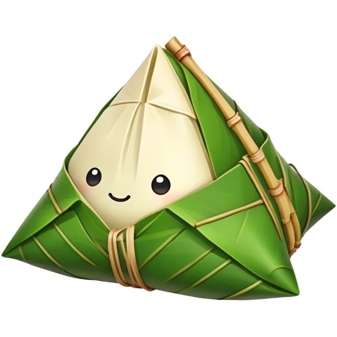 Dragon Boat Festival rice dumplings Zongzi wrapped in bamboo leaves, simplified emoji style with bold outlines and bright colors, cartoon style traditional pyramid-shaped food emoji