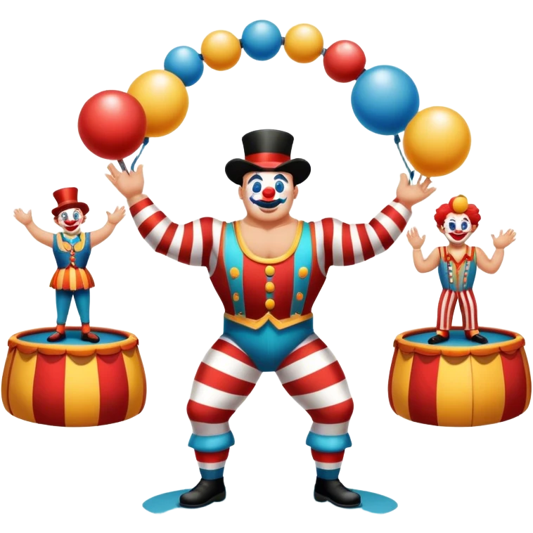 Icon for Circus Arts: a vibrant circus arena with a strongman in a striped costume, a juggler, and a clown performing. The icon should capture the excitement and energy of a circus show, with emphasis on skill and entertainment. Transparent background. emoji