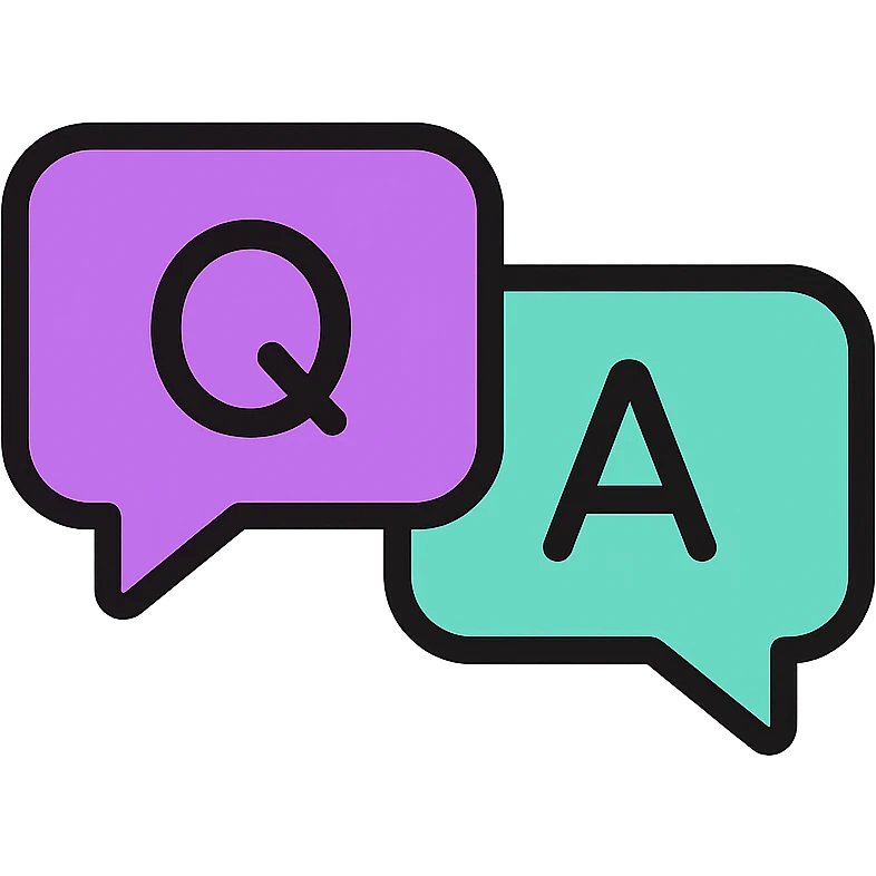 two chat bubbles, purple Q and teal A, rounded corners, minimal design emoji