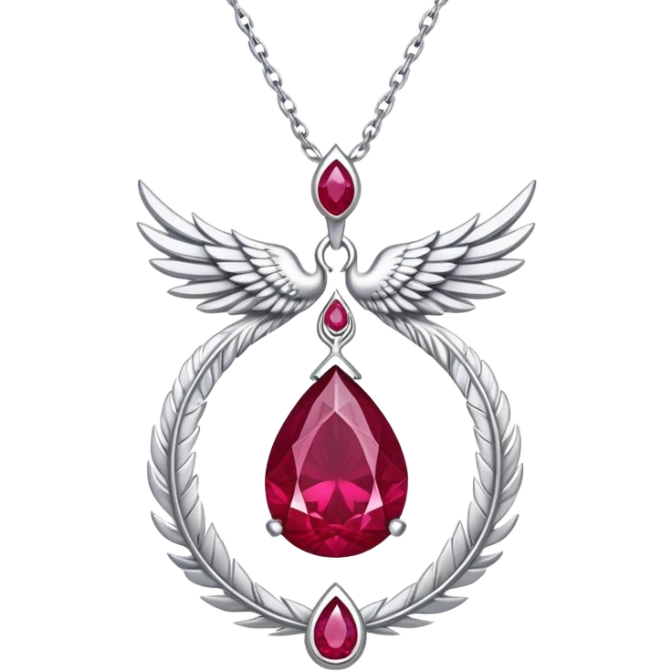 cosmic phoenix talisman, teardrop ruby with feather details, radiating rebirth, floating silver chain emoji