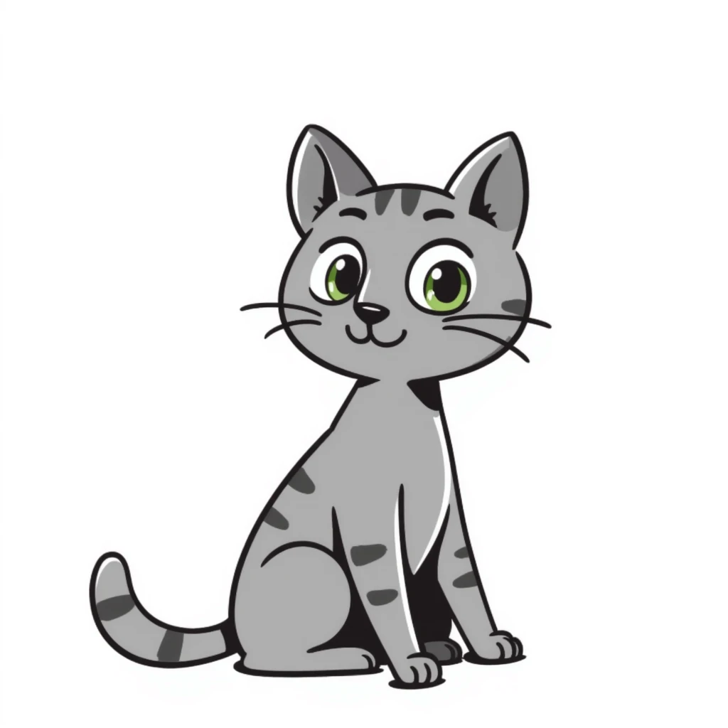 Elegant gray cat with smooth fur, large green eyes, serene attentive expression, sitting facing camera, soft lighting emoji