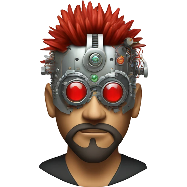 cyborg head with Silver mohawk, red steampunk goggles, long red beard and circuits emoji