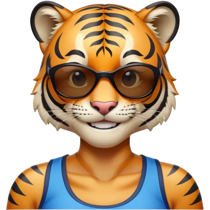 female energetic anthropomorphised tiger in sports clothes, wearing dark sunglasses, head and shoulders only, smiling emoji