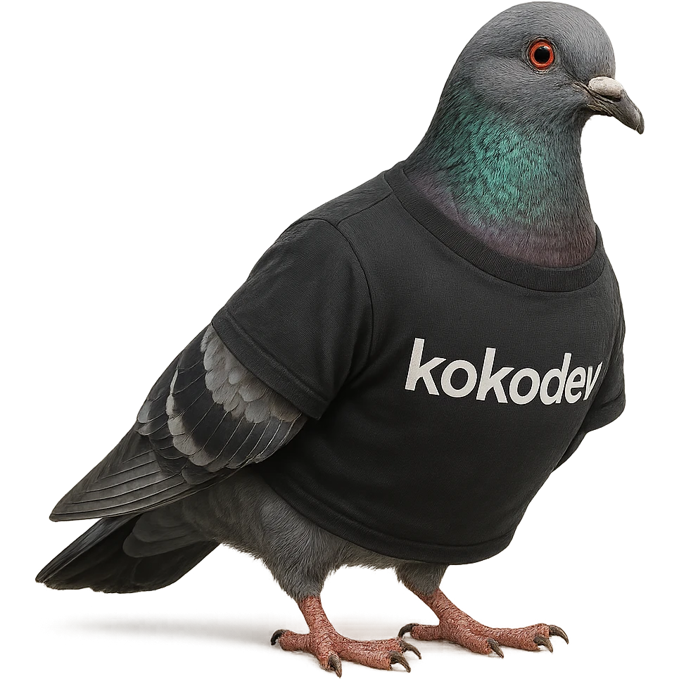 a realistic pigeon wearing a t-shirt with 'kokodev' written on it, high detail, natural pose, photorealistic, detailed feathers and fabric emoji