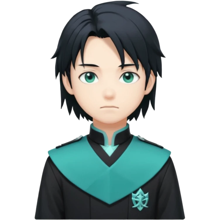 Tokito Muichiro emoji style — calm boy with long black hair fading mint green, turquoise eyes, pale skin, dreamy face, wearing dark Demon Slayer uniform, black + teal tone, anime cute clean style. emoji