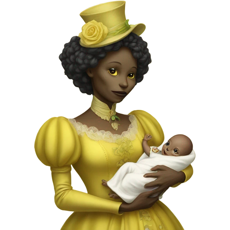  Reptilian alien woman, full body, in victorian jellow elegant dress, holds a newborn white humman baby emoji