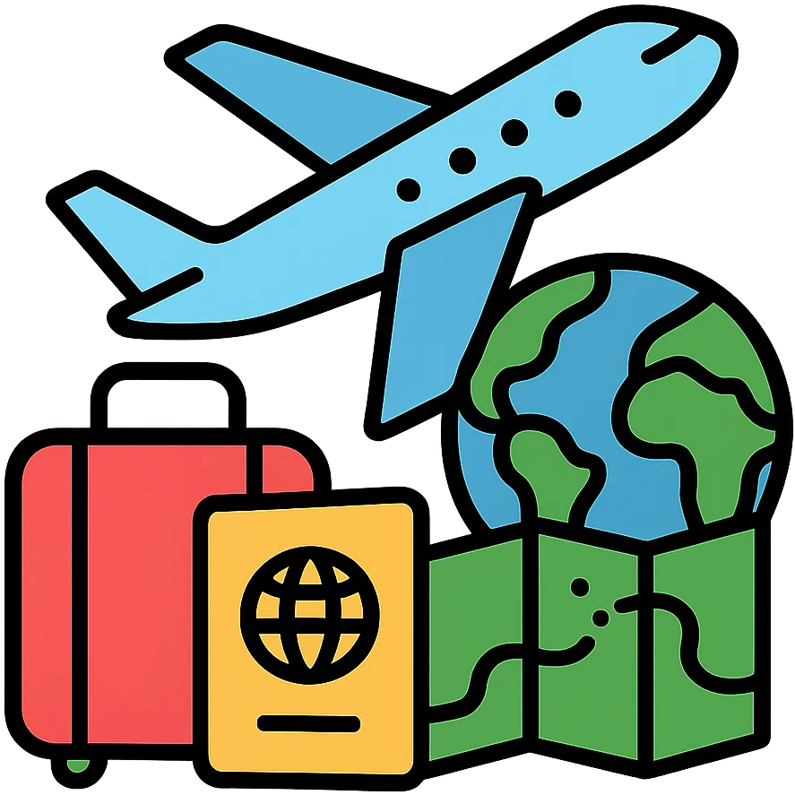 airplane with travel elements like passport, suitcase, and world map emoji