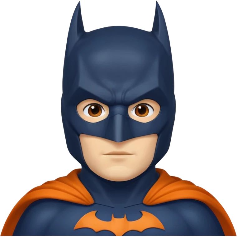 generate a batman emoji with just the face and neck showing and part of the cloak and and wings. Shade the mask in dark navy blue. Shade the wings in a medium olive green. Shade the cloak in a solidt vibran orange emoji