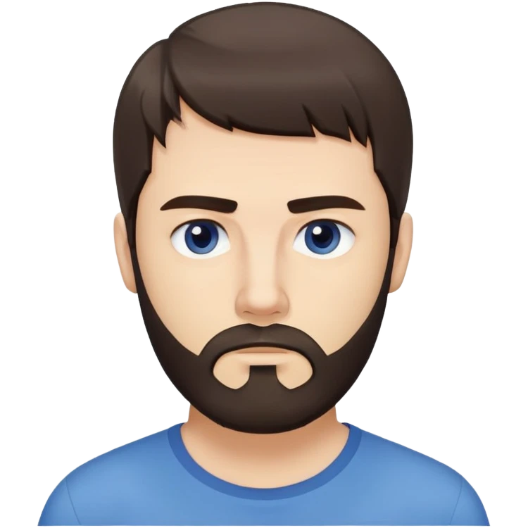 Caucasian man with long straight dark brown hair styled loose with fringe, medium-length hair, short full beard, neutral serious expression, simple blue shirt emoji